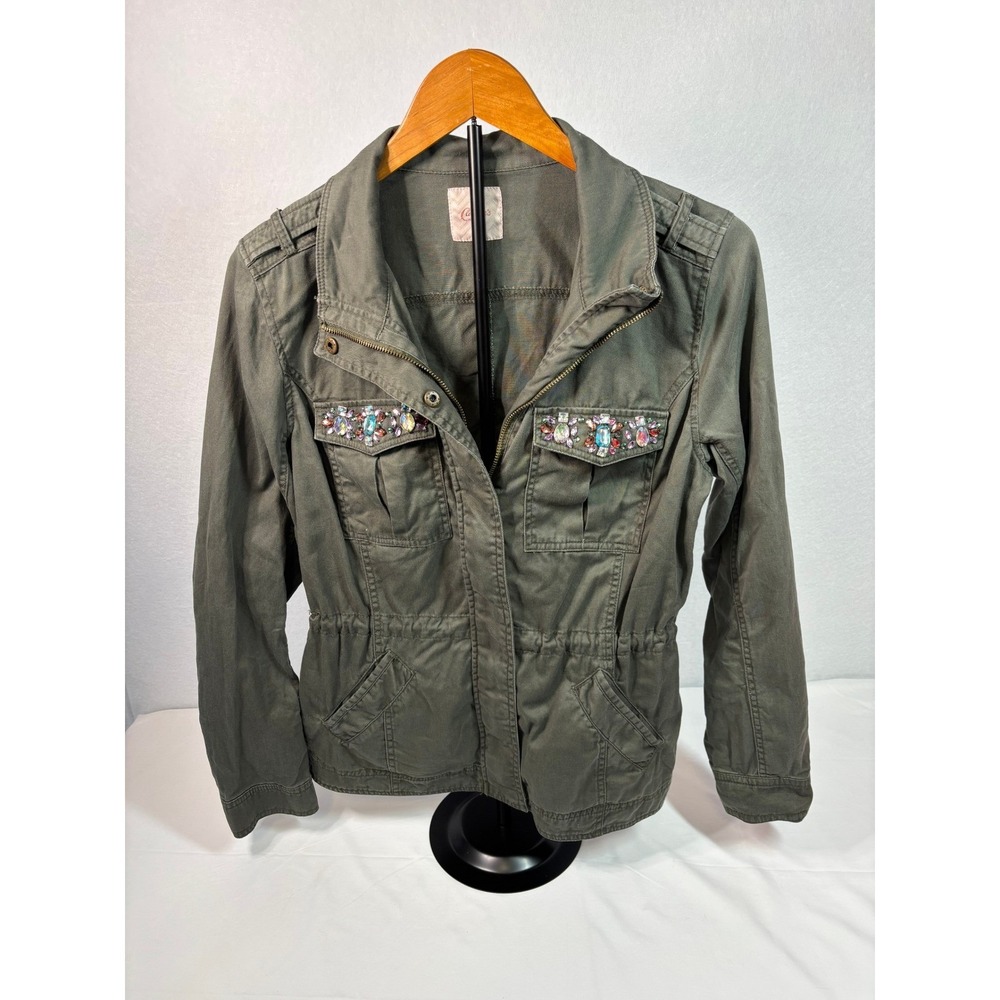 Candies Womens Olive Green Embellished Utility Jacket Rhinestone Military Large